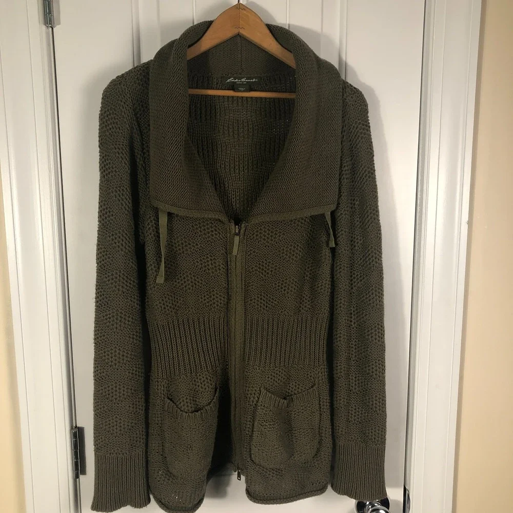 Eddie Bauer Womens Crochet Cardigan Green Lagenlook Cottagecore Cabincore Cozy - Picture 1 of 8